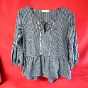 Mododoc‎ Los Angeles Blue White Striped  Peplum Peasant Top